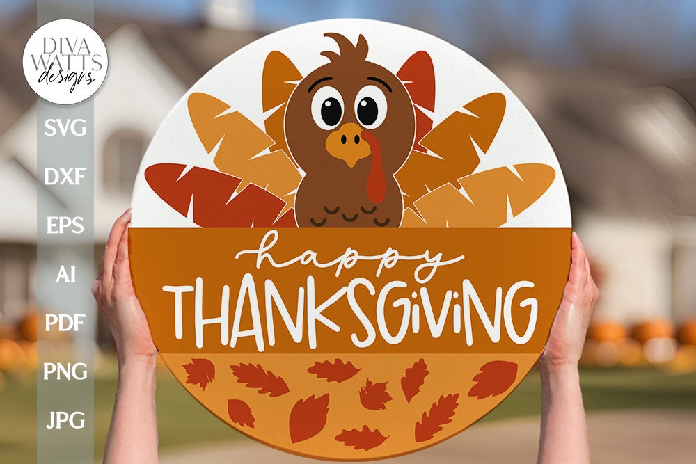 Happy Thanksgiving SVG Fall Door Hanger svg Thanksgiving svg Turkey svg Cute Turkey svg Sign svg Fall Door Sign With Turkey Fall Leaves svg