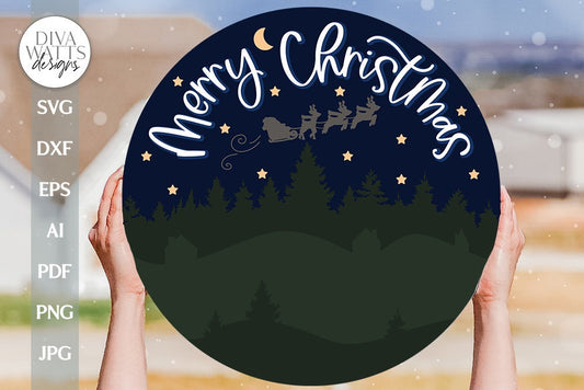 Merry Christmas SVG Christmas Door Hanger svg Christmas Night Scene svg Santa Sleigh SVG Christmas Scene svg Winter Welcome svg Christmas